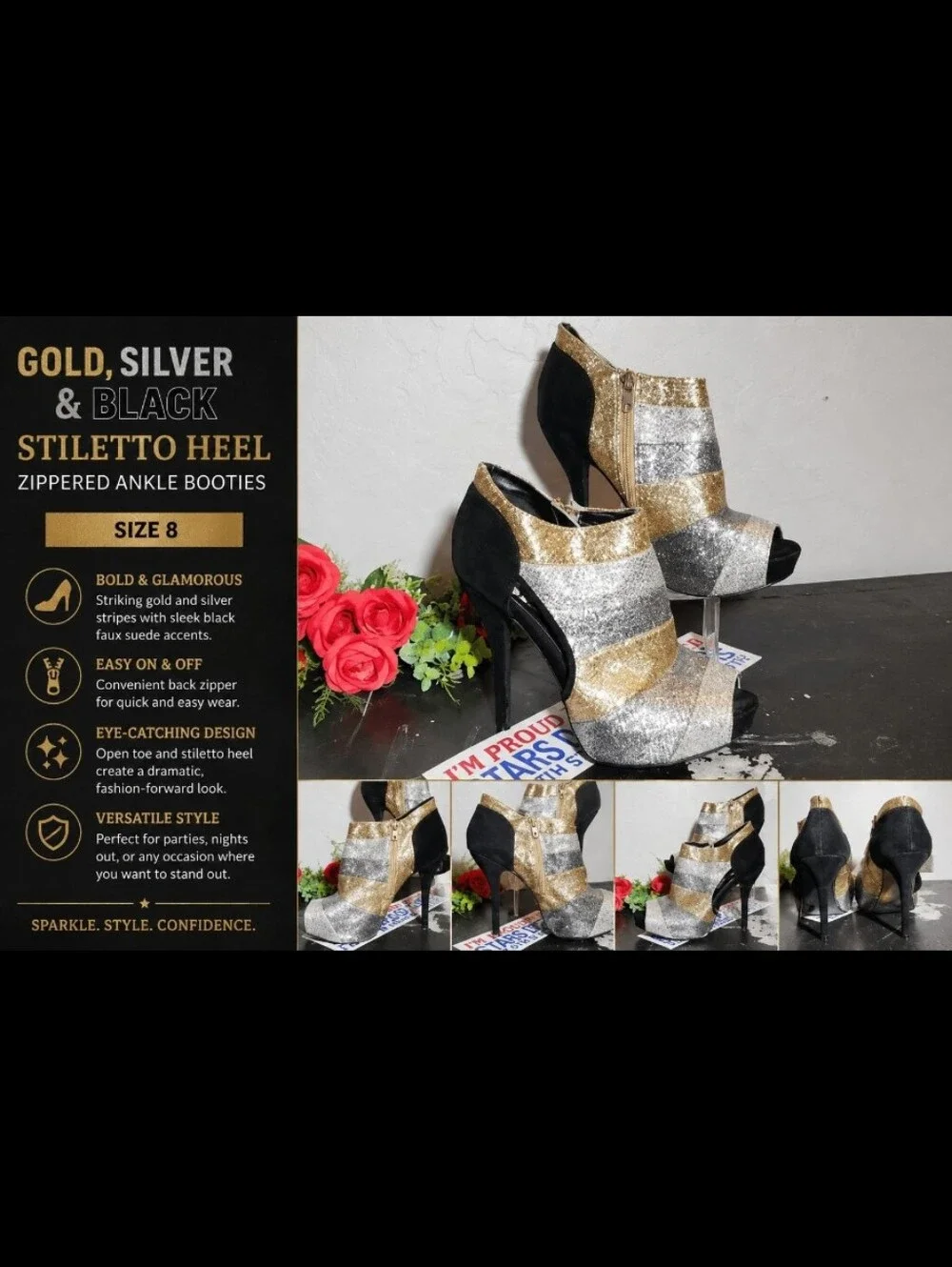 Gold Silver BlackFaux Suede Stiletto Zippered Heel 8
